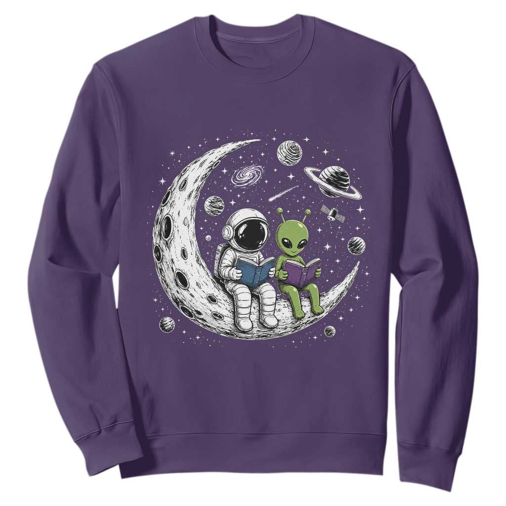 Funny Bookworm In Space Sweatshirt Cute Astronaut And Alien Reading TS12 Purple Print Your Wear