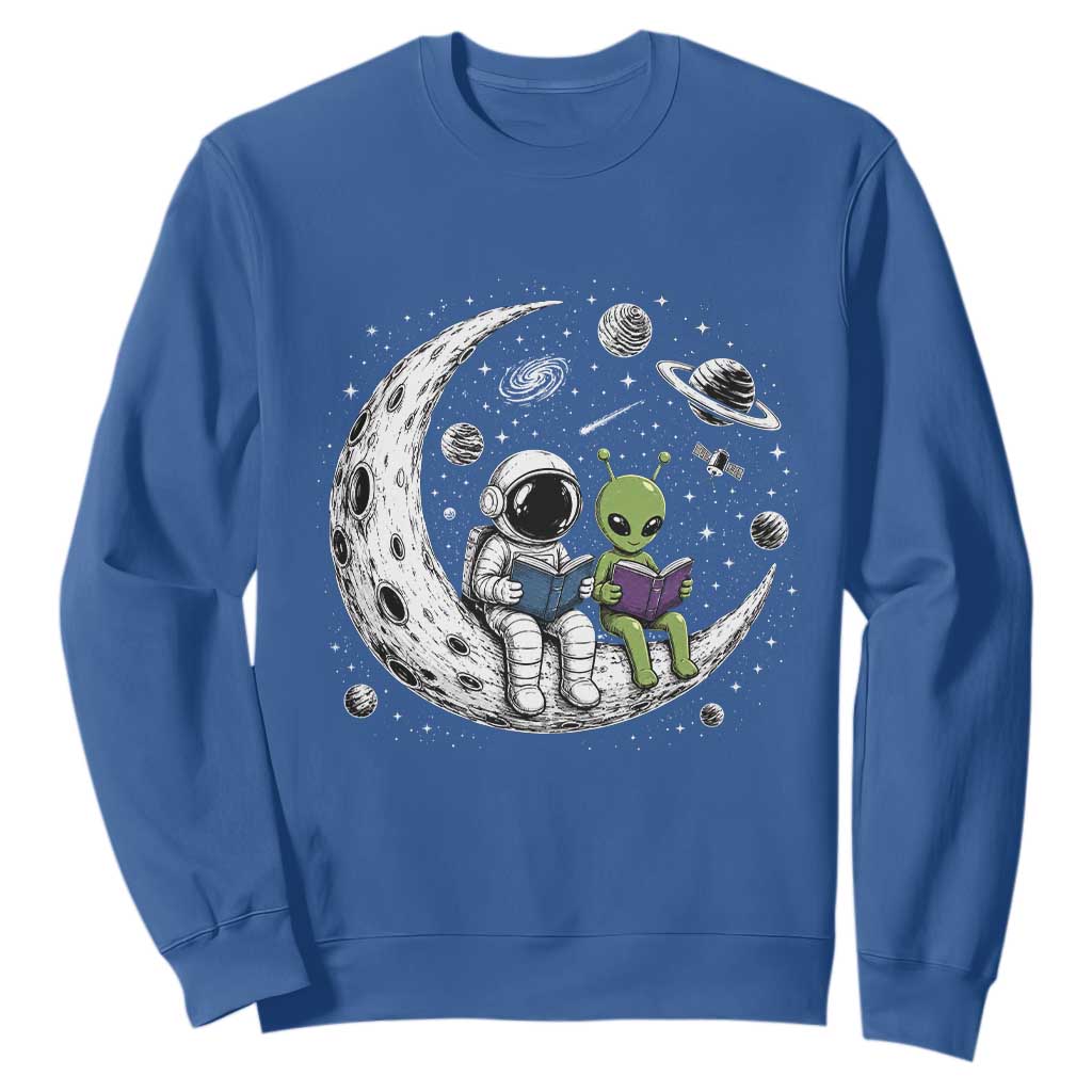 Funny Bookworm In Space Sweatshirt Cute Astronaut And Alien Reading TS12 Royal Blue Print Your Wear