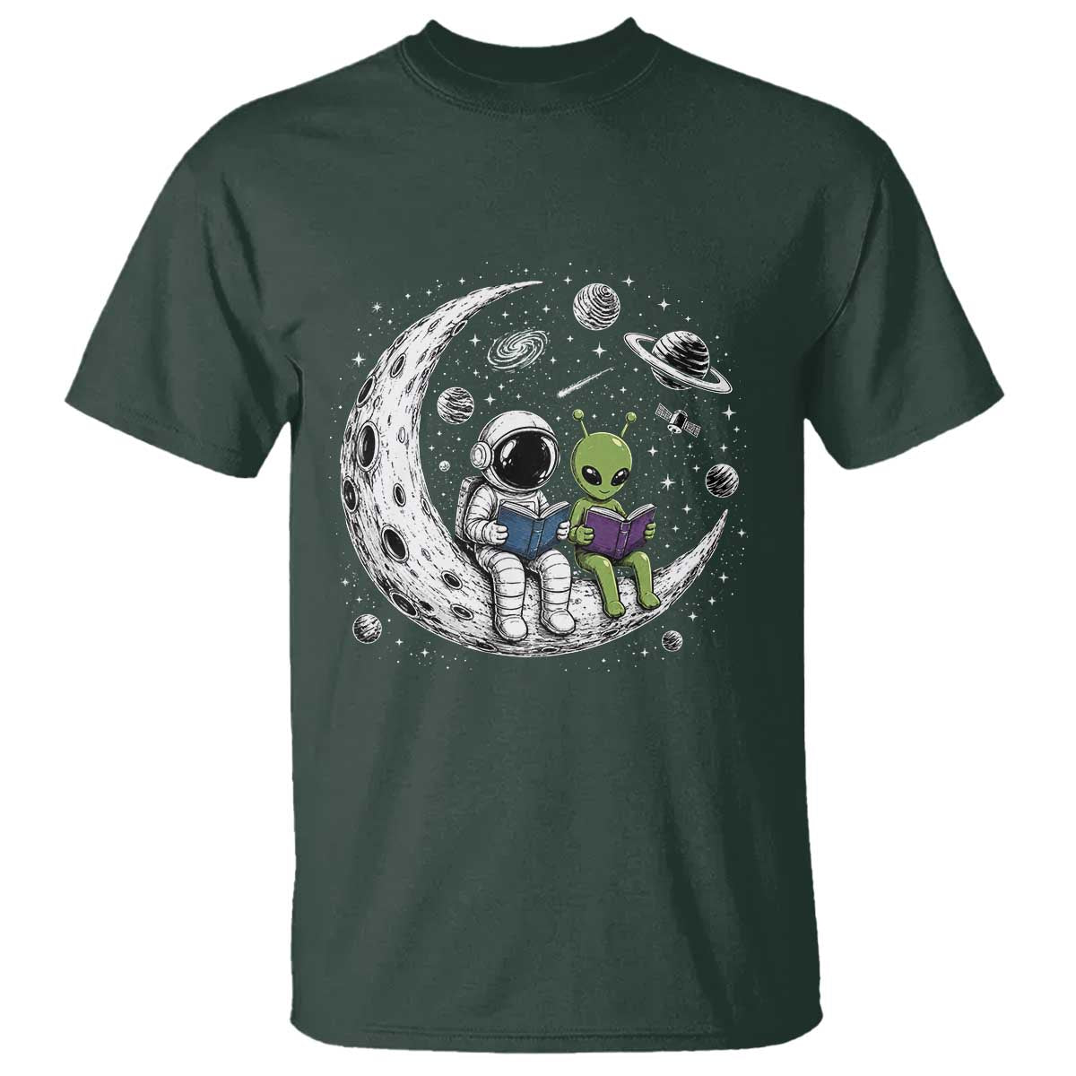 Funny Bookworm In Space T Shirt Cute Astronaut And Alien Reading TS12 Dark Forest Green Print Your Wear