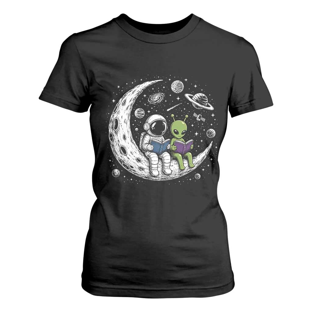 Funny Bookworm In Space T Shirt For Women Cute Astronaut And Alien Reading TS12 Black Print Your Wear