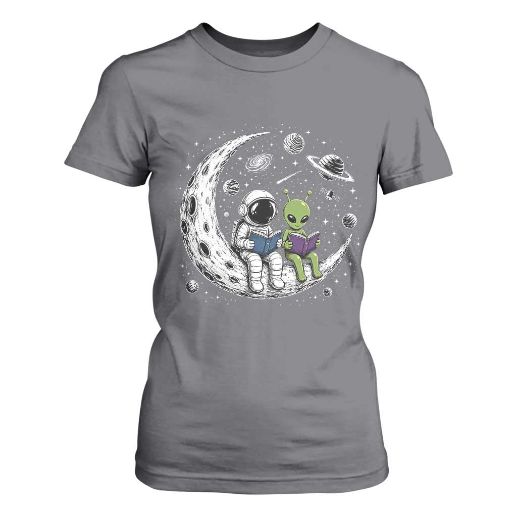Funny Bookworm In Space T Shirt For Women Cute Astronaut And Alien Reading TS12 Charcoal Print Your Wear