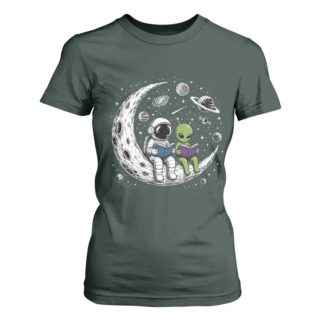 Funny Bookworm In Space T Shirt For Women Cute Astronaut And Alien Reading TS12 Dark Forest Green Print Your Wear