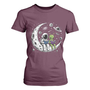 Funny Bookworm In Space T Shirt For Women Cute Astronaut And Alien Reading TS12 Maroon Print Your Wear