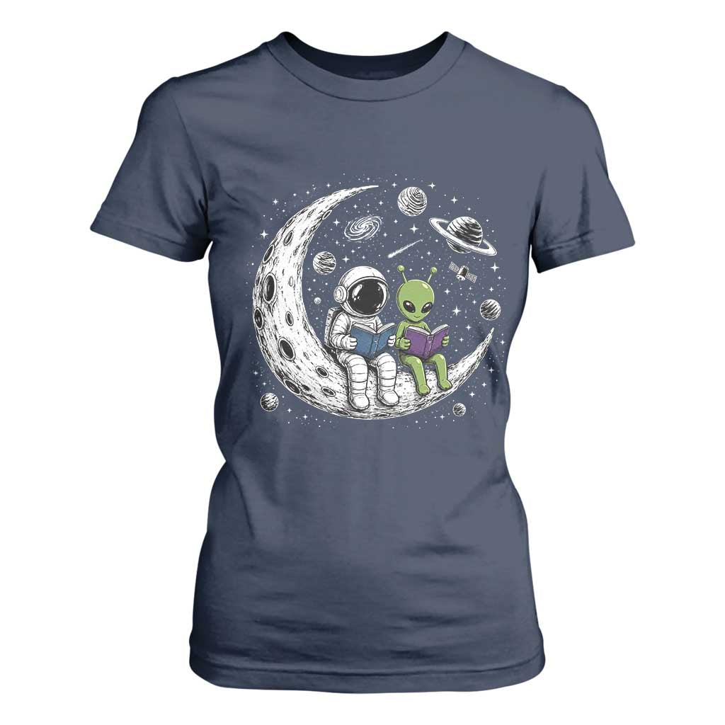 Funny Bookworm In Space T Shirt For Women Cute Astronaut And Alien Reading TS12 Navy Print Your Wear