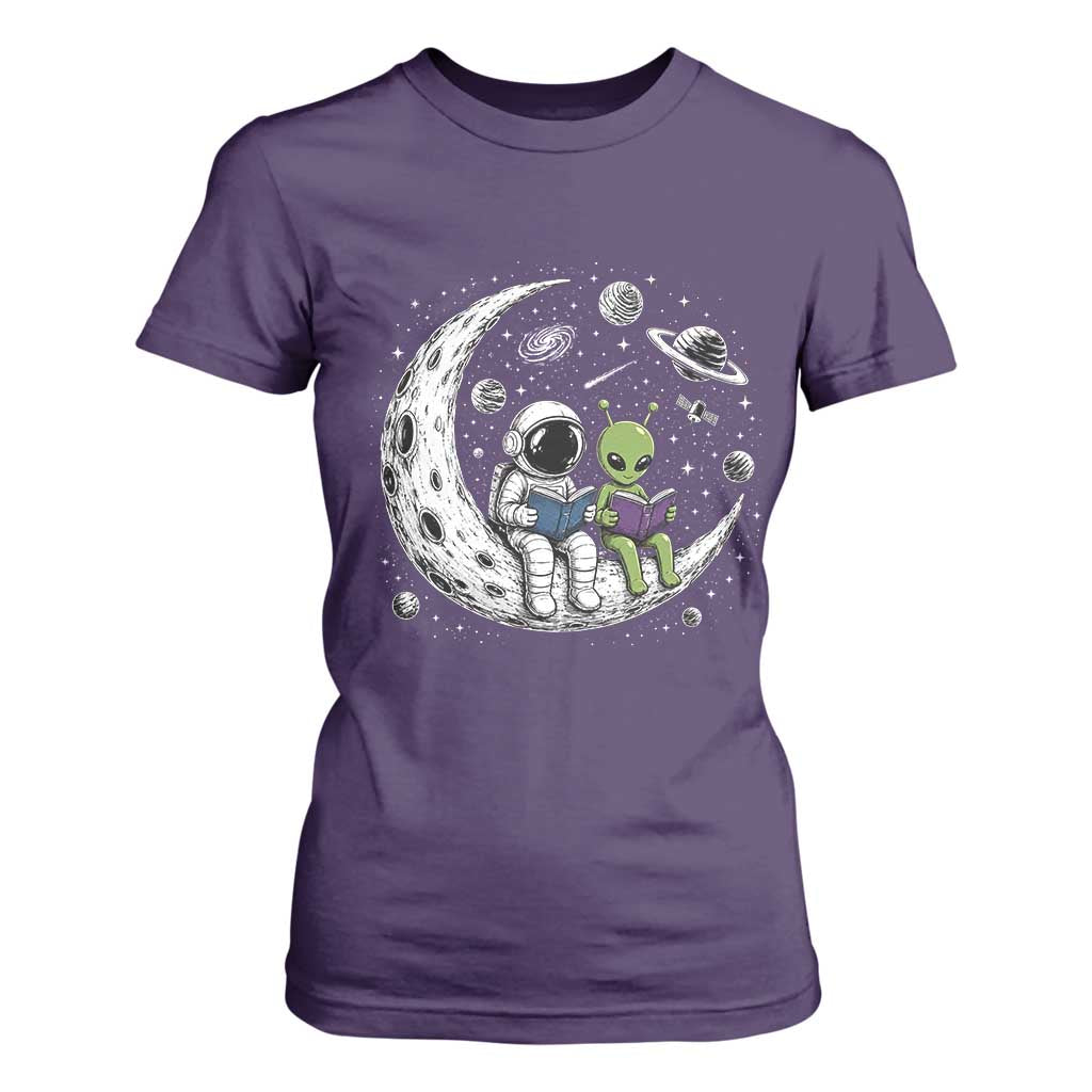 Funny Bookworm In Space T Shirt For Women Cute Astronaut And Alien Reading TS12 Purple Print Your Wear