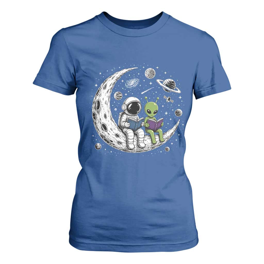 Funny Bookworm In Space T Shirt For Women Cute Astronaut And Alien Reading TS12 Royal Blue Print Your Wear