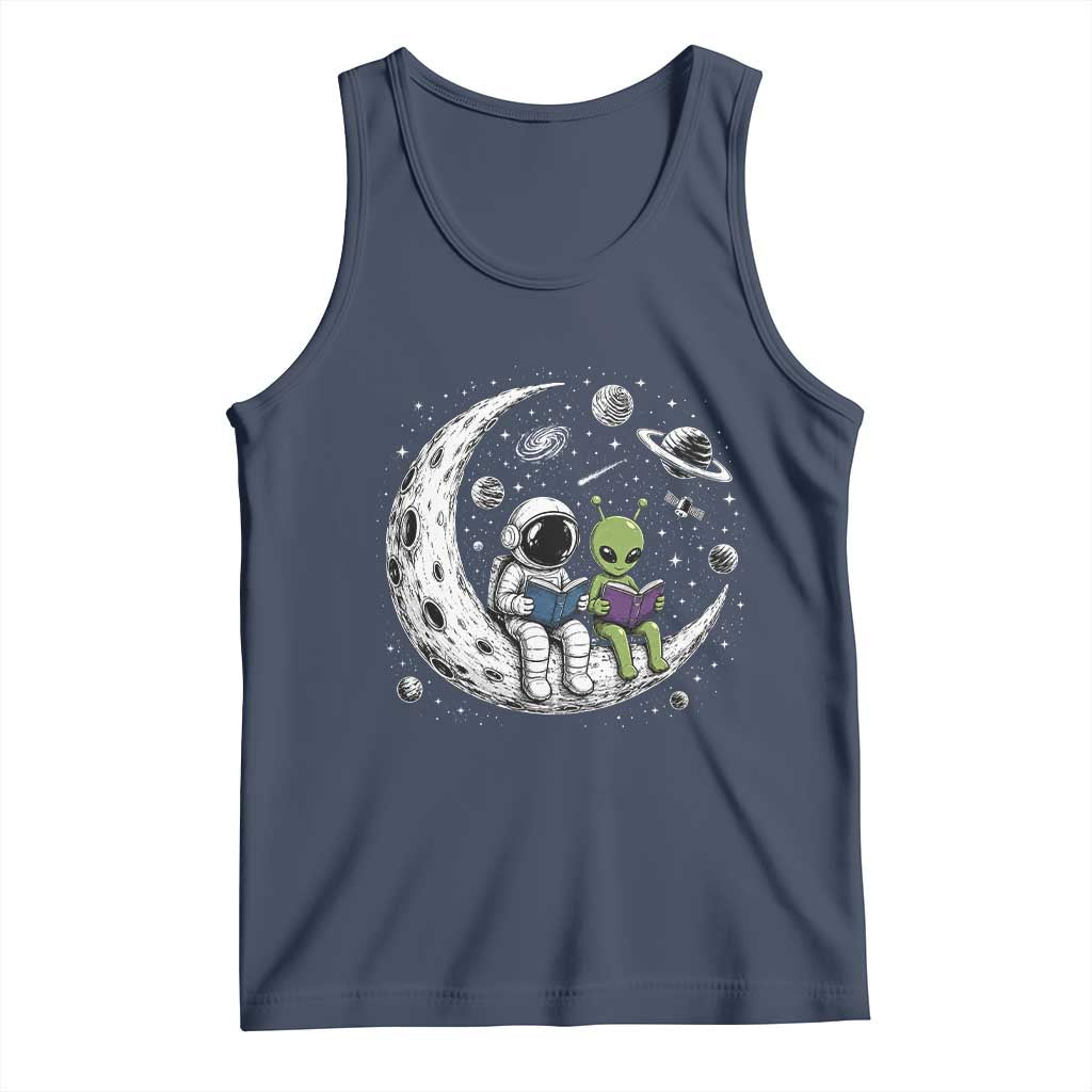 Funny Bookworm In Space Tank Top Cute Astronaut And Alien Reading TS12 Navy Print Your Wear