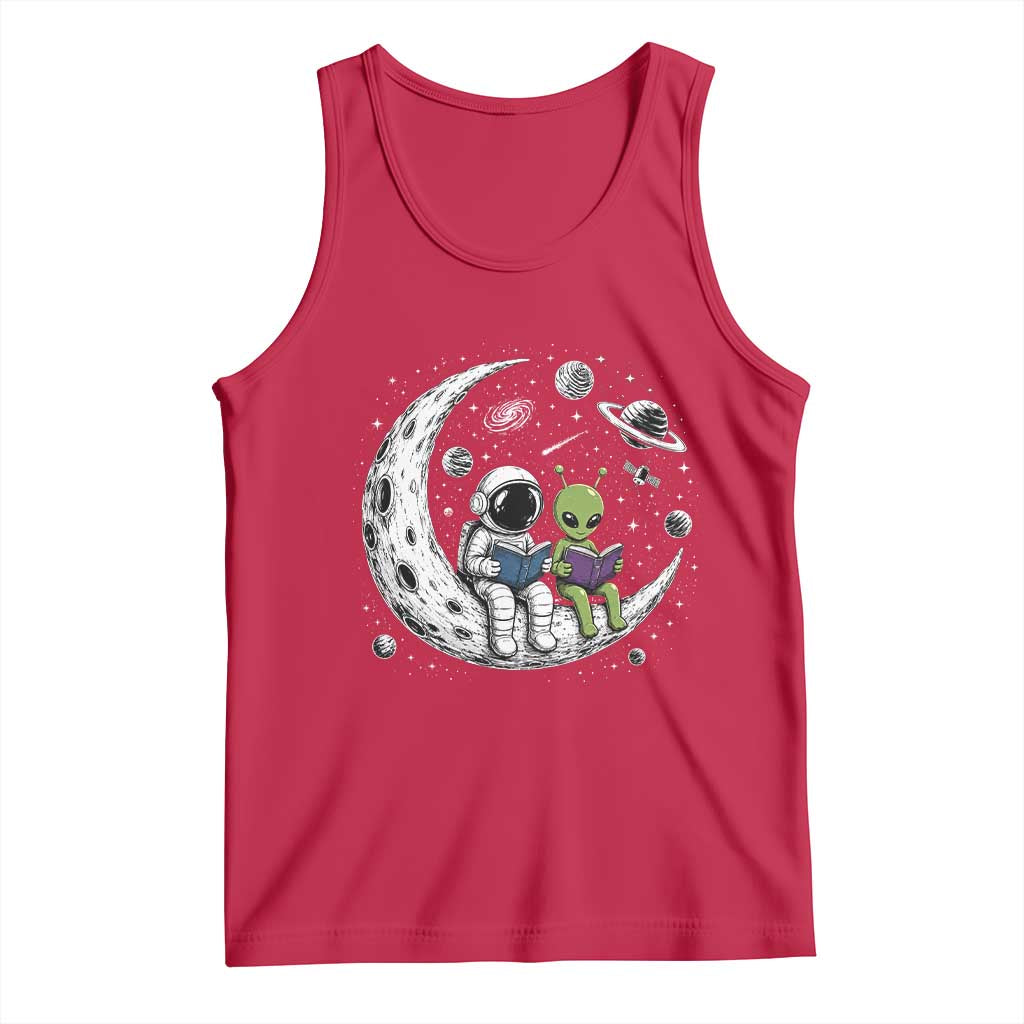 Funny Bookworm In Space Tank Top Cute Astronaut And Alien Reading TS12 Red Print Your Wear