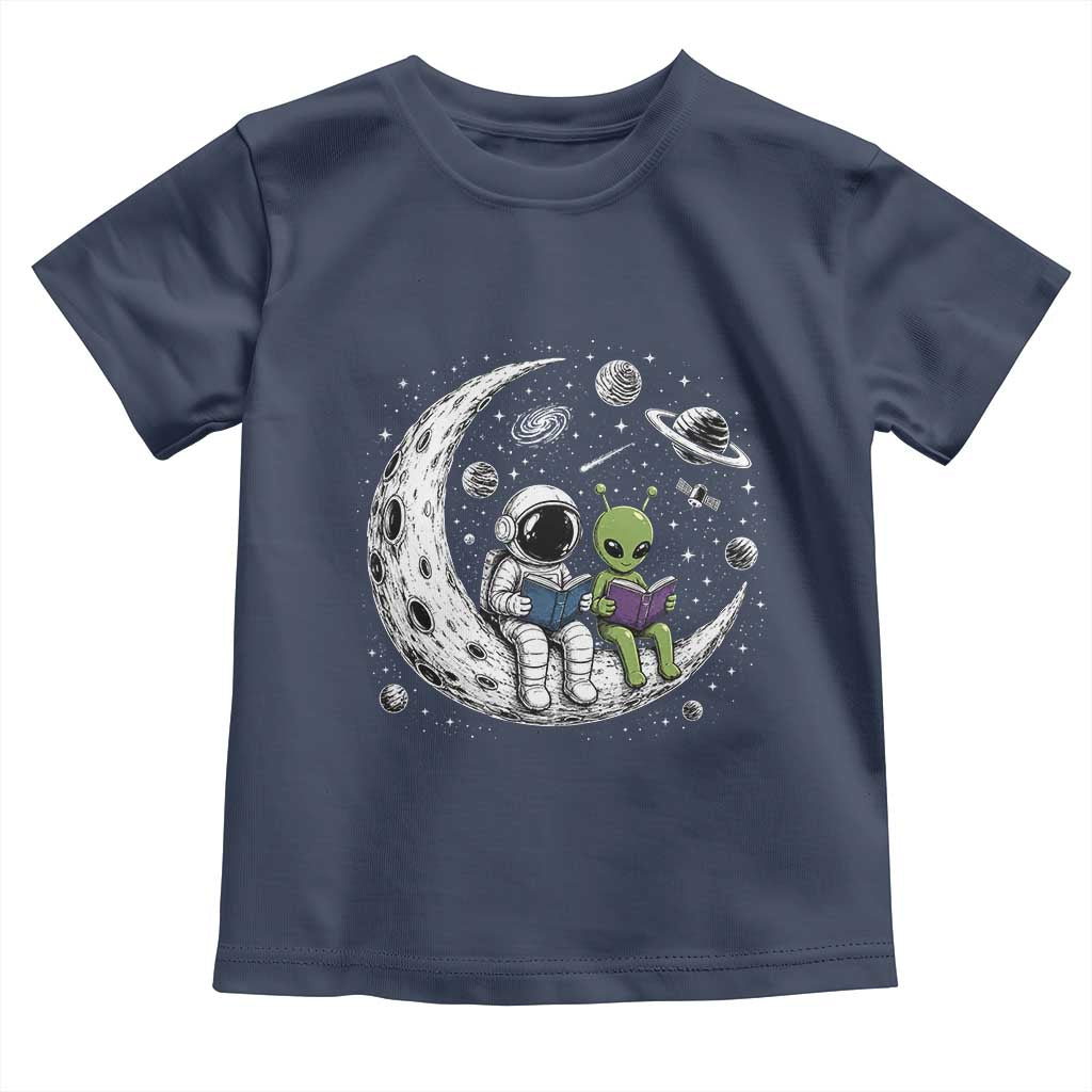 Funny Bookworm In Space Toddler T Shirt Cute Astronaut And Alien Reading TS12 Navy Print Your Wear