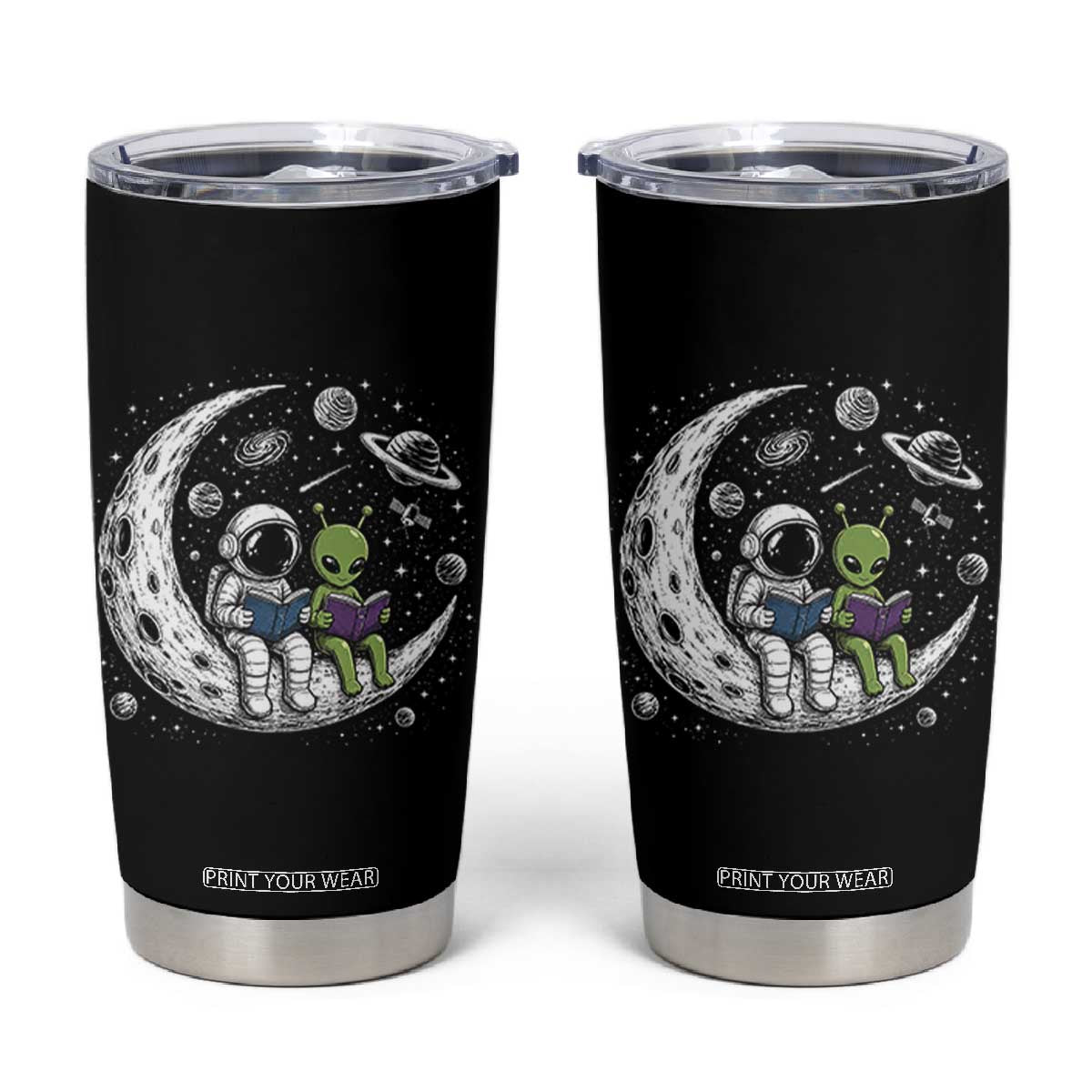 Funny Bookworm In Space Tumbler Cup Cute Astronaut And Alien Reading TS12 Black Print Your Wear