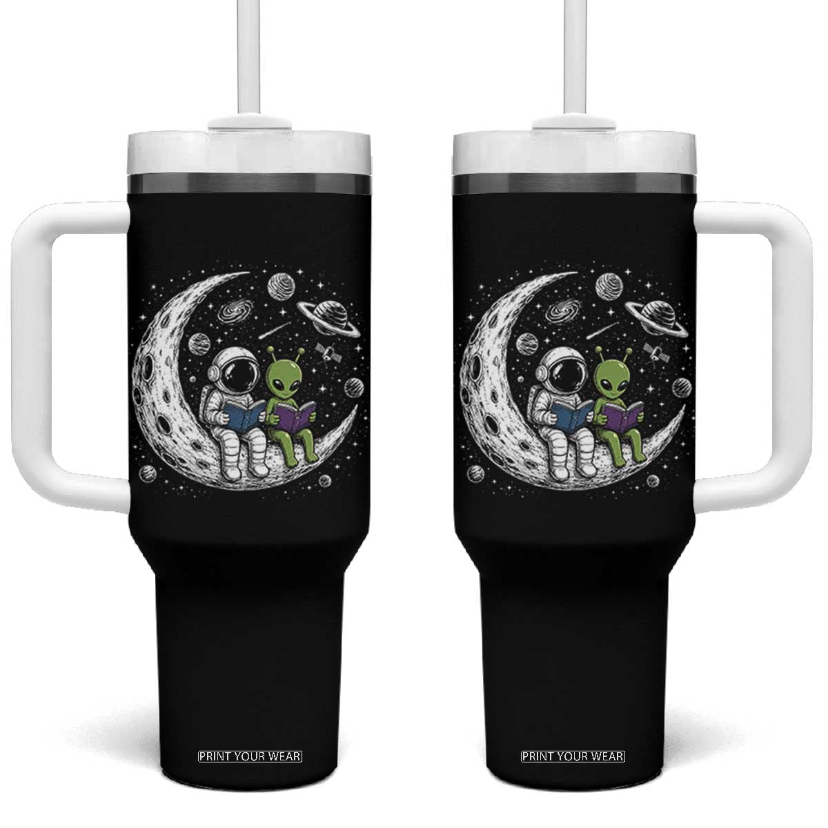 Funny Bookworm In Space Tumbler With Handle Cute Astronaut And Alien Reading TS12 One Size: 40 oz Black Print Your Wear