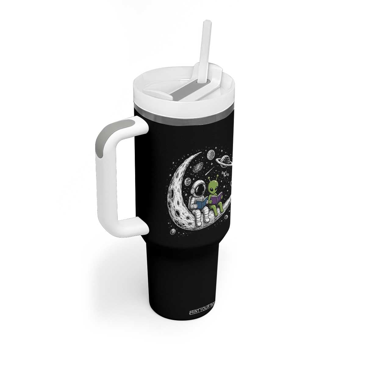 Funny Bookworm In Space Tumbler With Handle Cute Astronaut And Alien Reading TS12 Print Your Wear