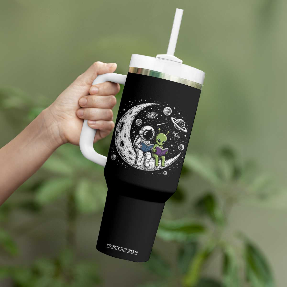 Funny Bookworm In Space Tumbler With Handle Cute Astronaut And Alien Reading TS12 Print Your Wear
