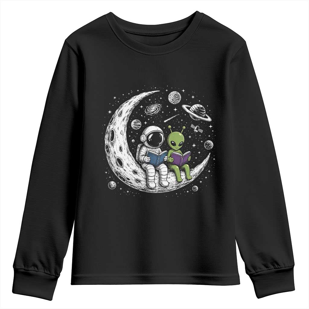 Funny Bookworm In Space Youth Sweatshirt Cute Astronaut And Alien Reading TS12 Black Print Your Wear