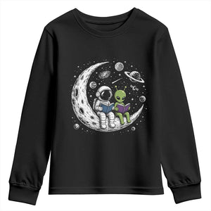 Funny Bookworm In Space Youth Sweatshirt Cute Astronaut And Alien Reading TS12 Black Print Your Wear