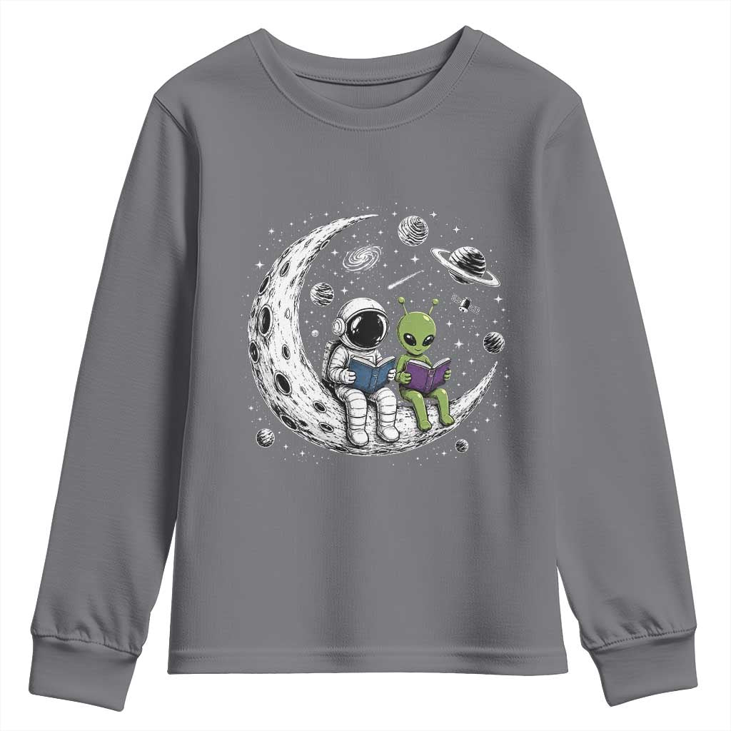 Funny Bookworm In Space Youth Sweatshirt Cute Astronaut And Alien Reading TS12 Charcoal Print Your Wear