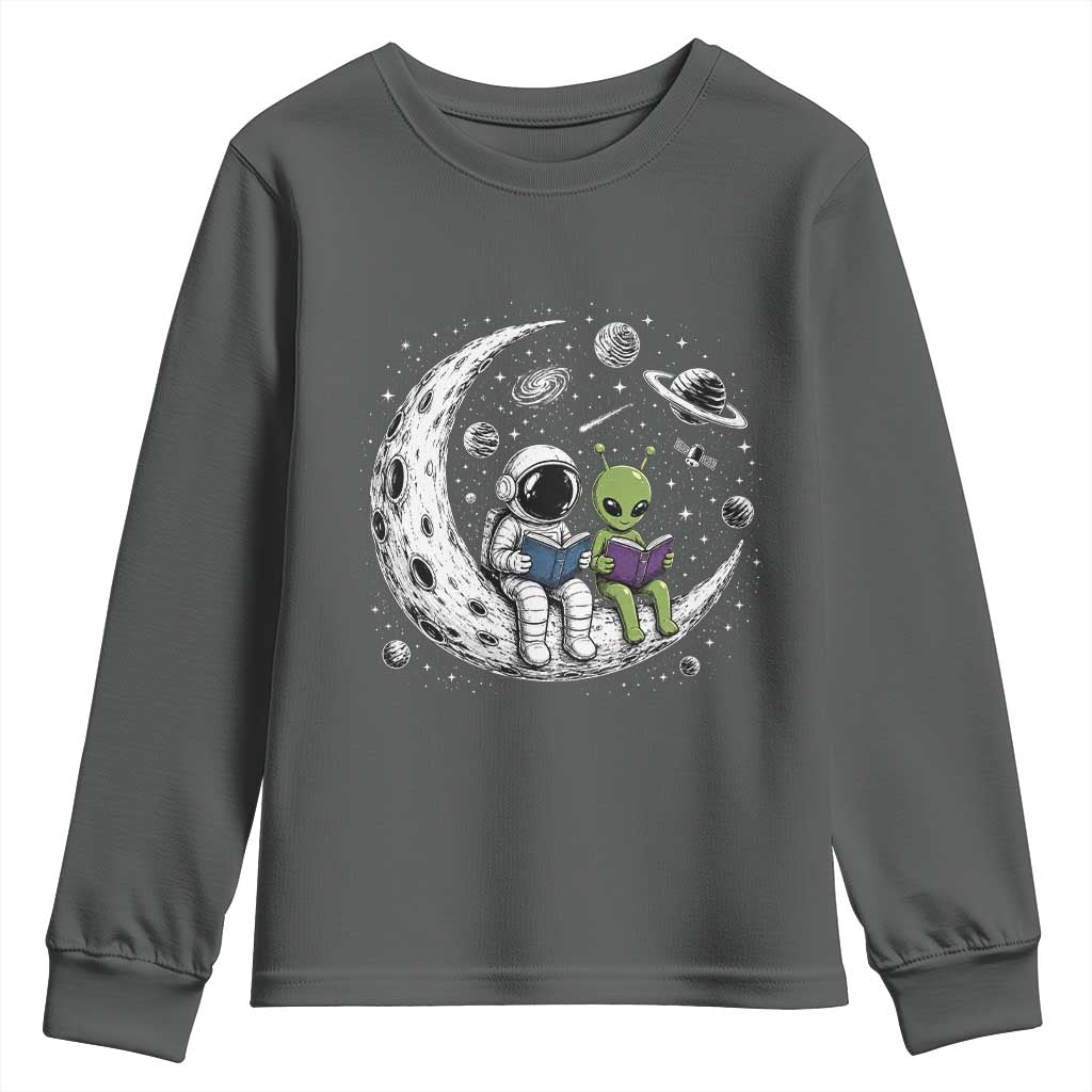 Funny Bookworm In Space Youth Sweatshirt Cute Astronaut And Alien Reading TS12 Dark Heather Print Your Wear