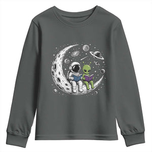Funny Bookworm In Space Youth Sweatshirt Cute Astronaut And Alien Reading TS12 Dark Heather Print Your Wear