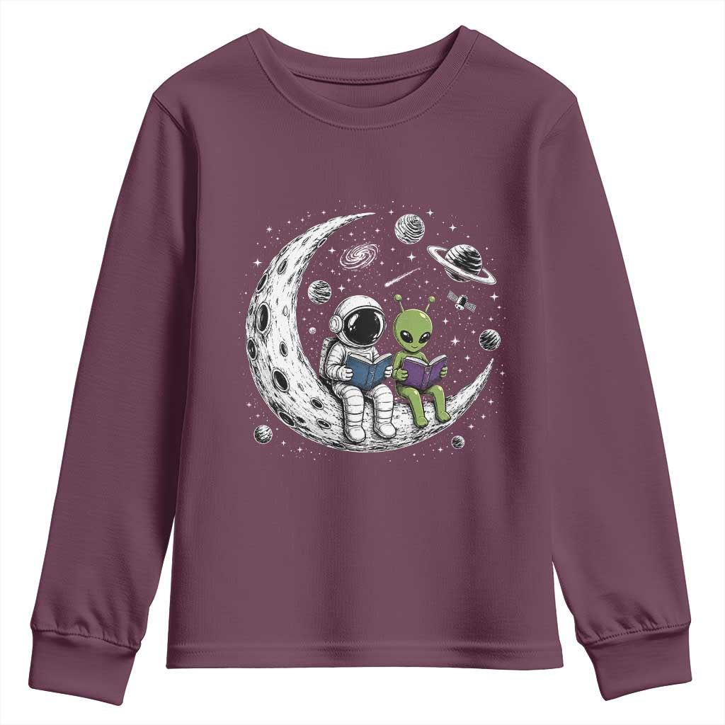 Funny Bookworm In Space Youth Sweatshirt Cute Astronaut And Alien Reading TS12 Maroon Print Your Wear