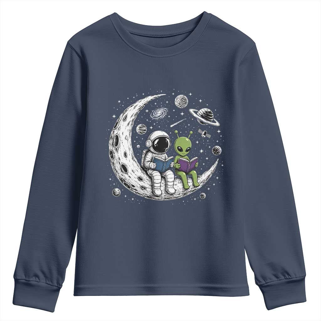 Funny Bookworm In Space Youth Sweatshirt Cute Astronaut And Alien Reading TS12 Navy Print Your Wear