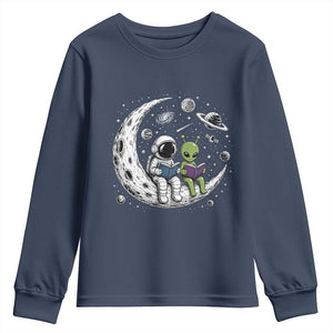 Funny Bookworm In Space Youth Sweatshirt Cute Astronaut And Alien Reading TS12 Navy Print Your Wear