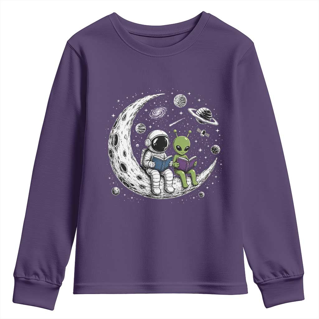 Funny Bookworm In Space Youth Sweatshirt Cute Astronaut And Alien Reading TS12 Purple Print Your Wear