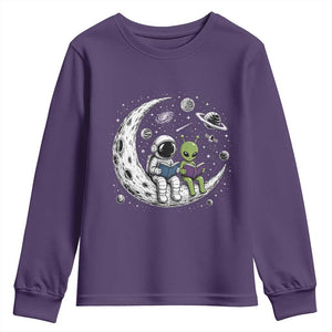 Funny Bookworm In Space Youth Sweatshirt Cute Astronaut And Alien Reading TS12 Purple Print Your Wear
