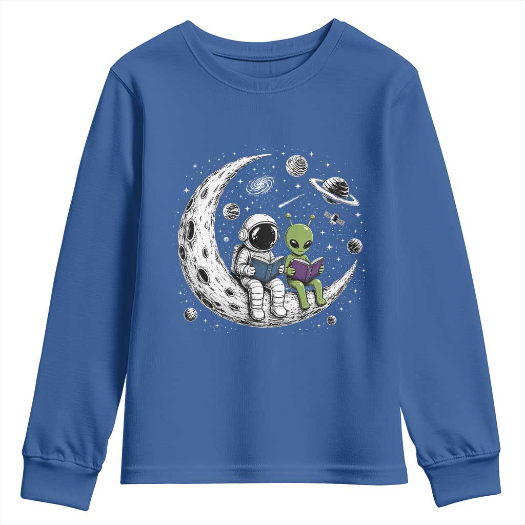 Funny Bookworm In Space Youth Sweatshirt Cute Astronaut And Alien Reading TS12 Royal Blue Print Your Wear