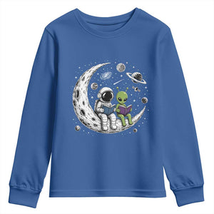 Funny Bookworm In Space Youth Sweatshirt Cute Astronaut And Alien Reading TS12 Royal Blue Print Your Wear