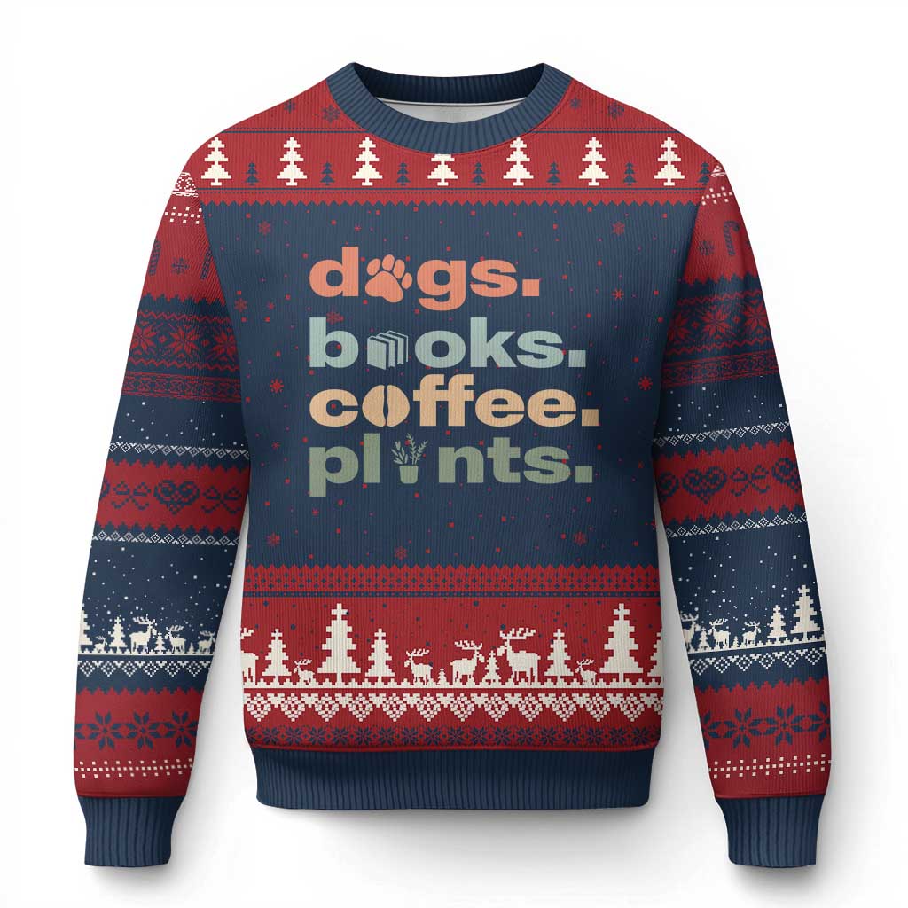 Funny Introvert Life Lover Ugly Christmas Sweater Dogs Books Coffee And Plants TS12 Navy Red Print Your Wear