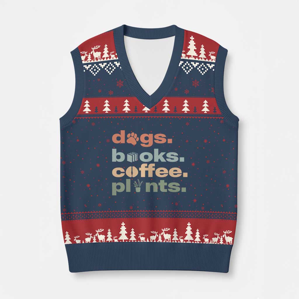 Funny Introvert Life Lover V-Neck Knit Sweater Vest Dogs Books Coffee And Plants TS12 Navy Red Print Your Wear
