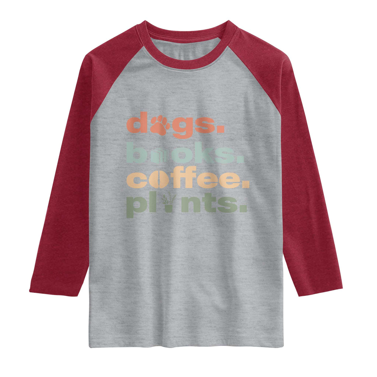 Funny Introvert Life Lover Raglan Shirt Dogs Books Coffee And Plants TS12 Heather Gray Heather Red Print Your Wear