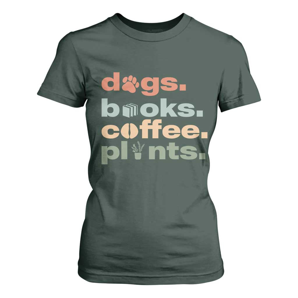 Funny Introvert Life Lover T Shirt For Women Dogs Books Coffee And Plants TS12 Dark Forest Green Print Your Wear