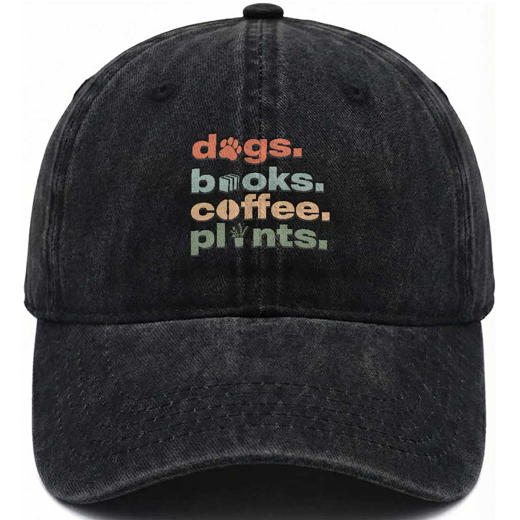 Funny Introvert Life Lover Washed Cotton Baseball Cap Dogs Books Coffee And Plants TS12 Print Your Wear