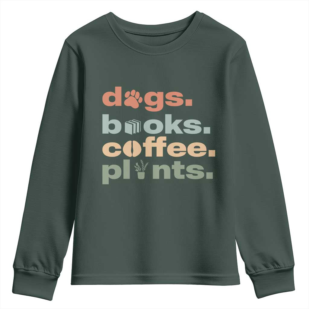 Funny Introvert Life Lover Youth Sweatshirt Dogs Books Coffee And Plants TS12 Dark Forest Green Print Your Wear