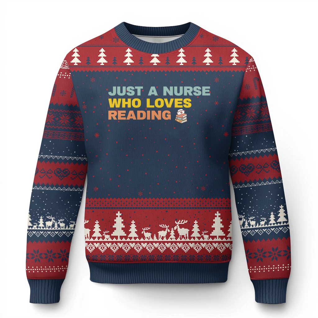 Just A Nurse Who Loves Reading Ugly Christmas Sweater Bookish Nurse Gift TS12 Navy Red Print Your Wear