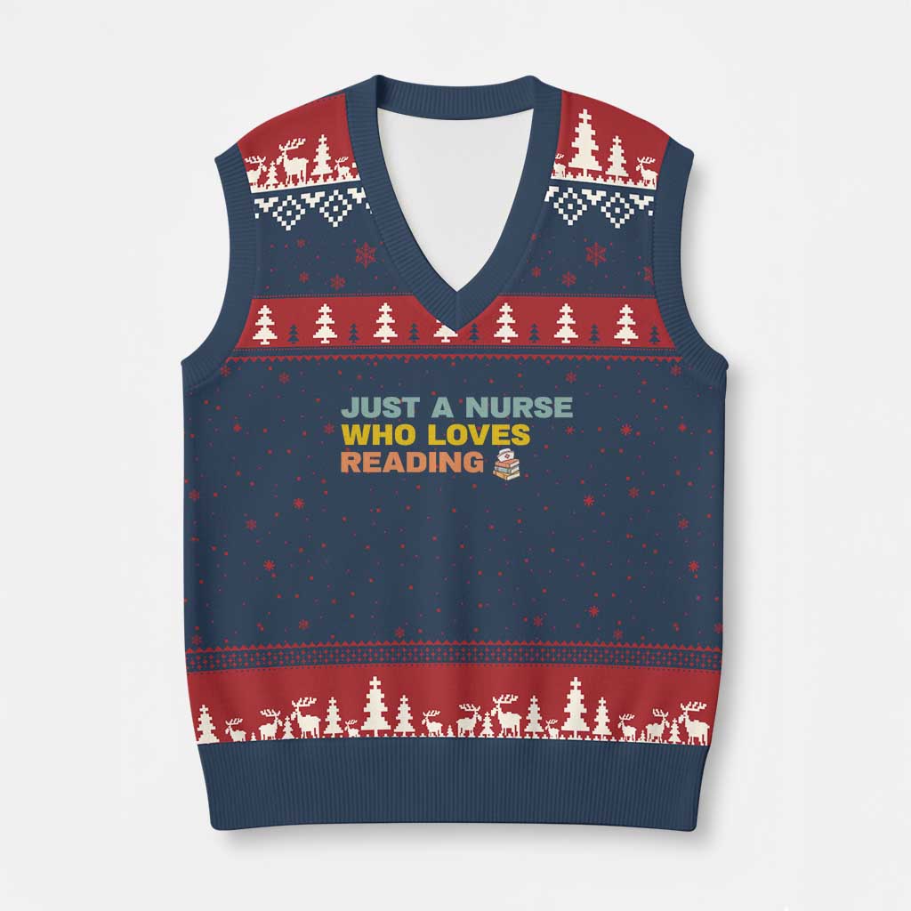 Just A Nurse Who Loves Reading V-Neck Knit Sweater Vest Bookish Nurse Gift TS12 Navy Red Print Your Wear