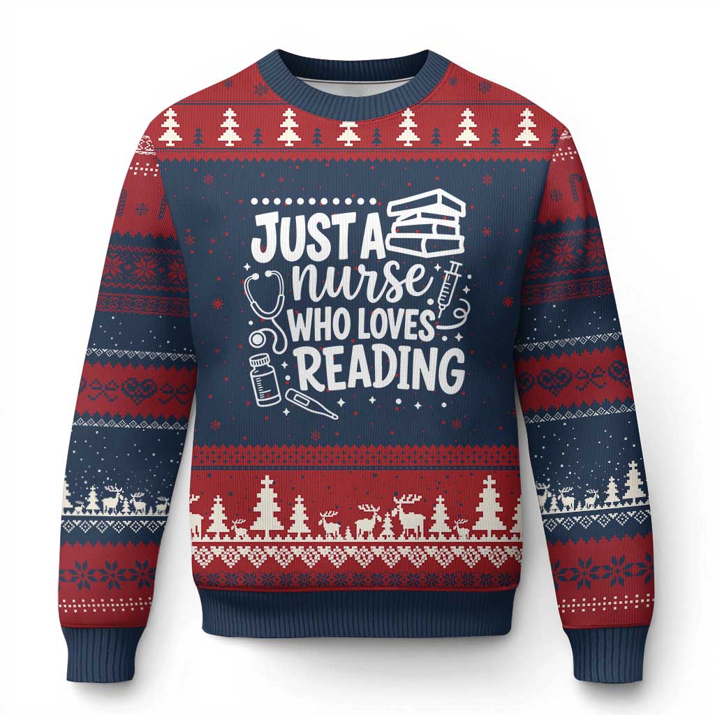 Just A Nurse Who Loves Reading Ugly Christmas Sweater Funny Medical Bookworm Gift TS12 Navy Red Print Your Wear