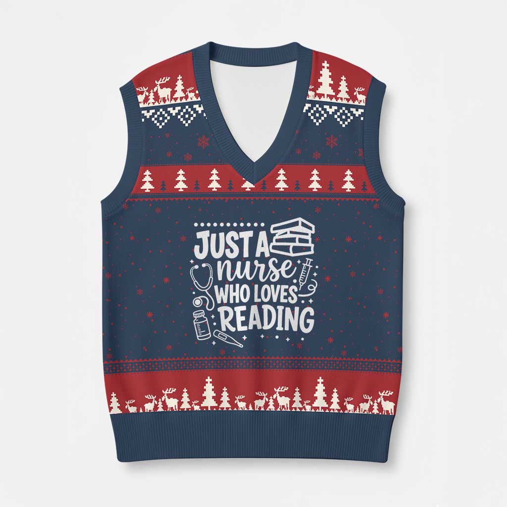 Just A Nurse Who Loves Reading V-Neck Knit Sweater Vest Funny Medical Bookworm Gift TS12 Navy Red Print Your Wear