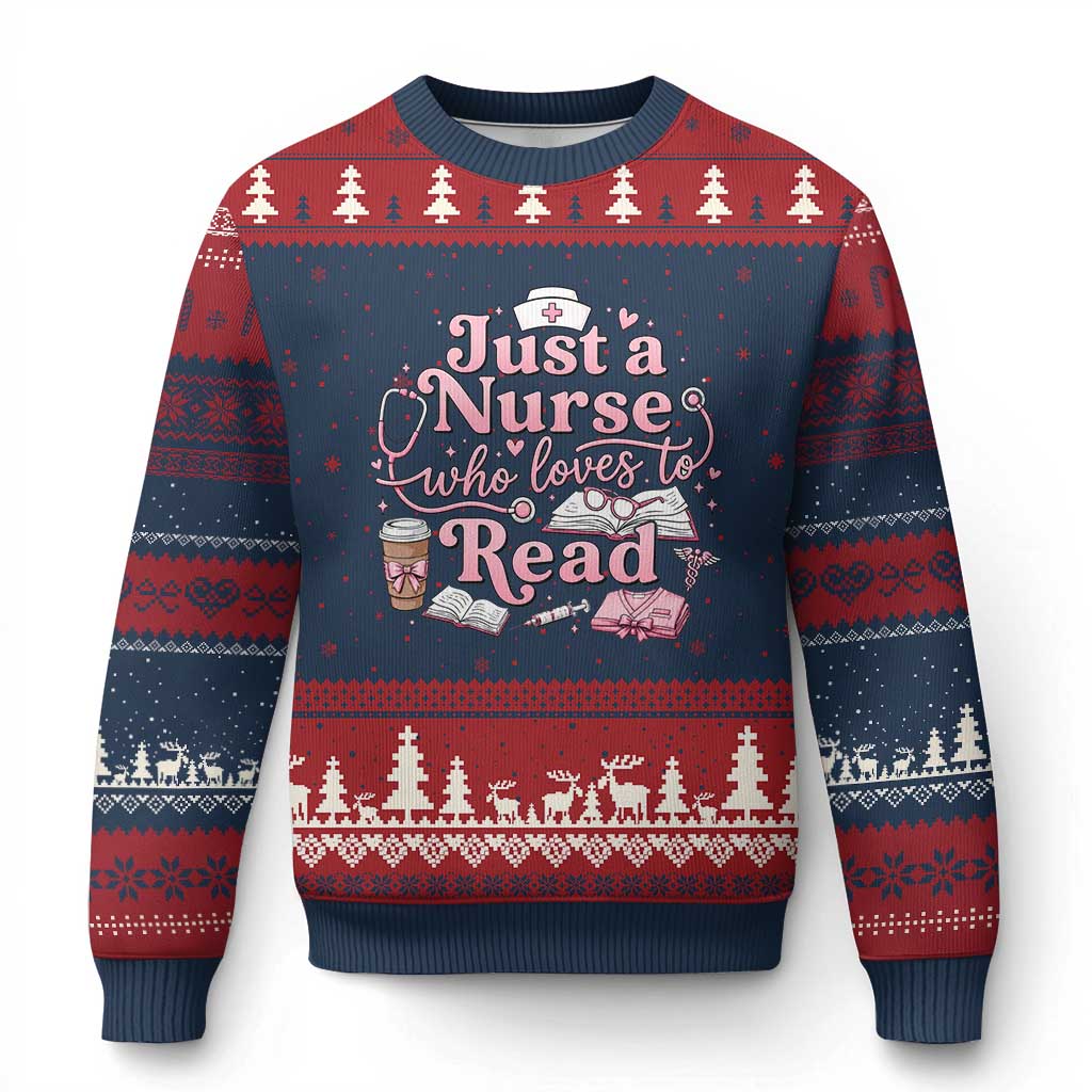 Just A Nurse Who Loves Reading Ugly Christmas Sweater Book Lover Nurse TS12 Navy Red Print Your Wear