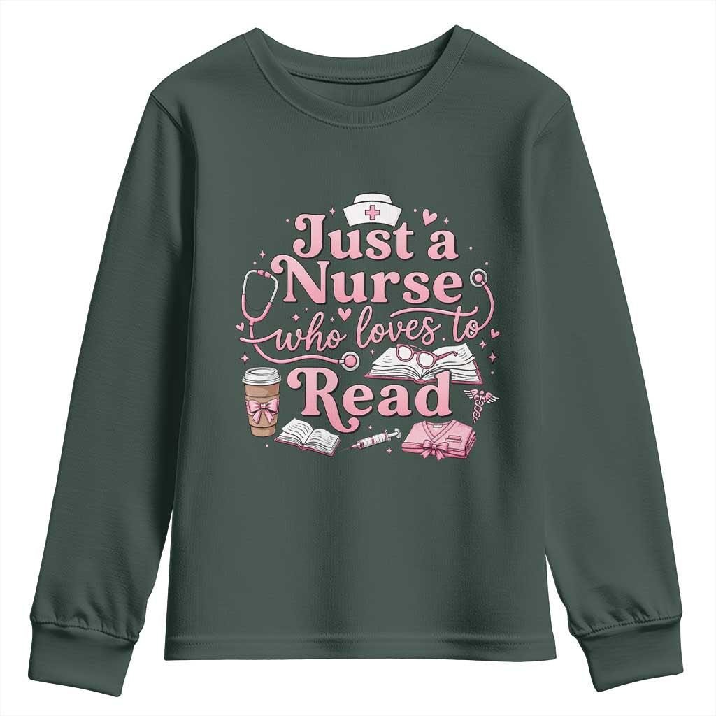 Just A Nurse Who Loves Reading Youth Sweatshirt Book Lover Nurse TS12 Dark Forest Green Print Your Wear