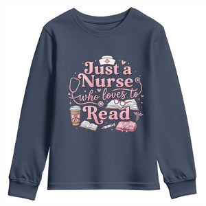 Just A Nurse Who Loves Reading Youth Sweatshirt Book Lover Nurse TS12 Navy Print Your Wear