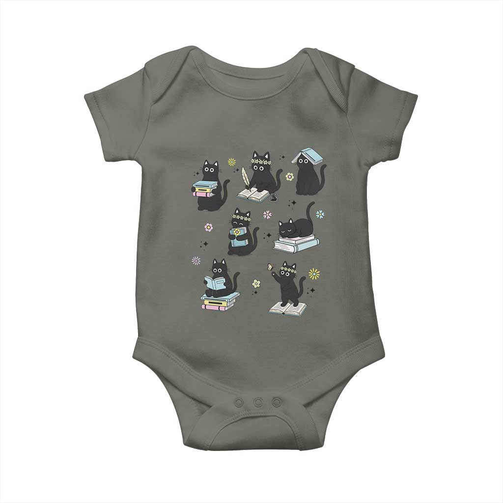 Bookish Black Cat Baby Onesie Funny Librarian Cat Lover Gift TS12 Military Green Print Your Wear