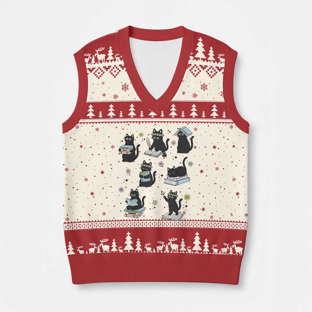 Bookish Black Cat V-Neck Knit Sweater Vest Funny Librarian Cat Lover Gift TS12 Beige Red Print Your Wear