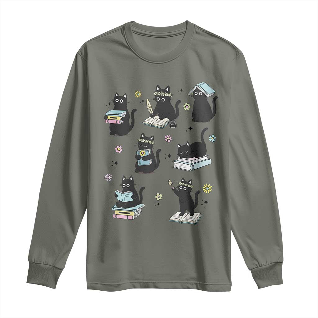 Bookish Black Cat Long Sleeve Shirt Funny Librarian Cat Lover Gift TS12 Military Green Print Your Wear