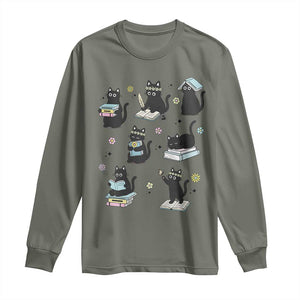 Bookish Black Cat Long Sleeve Shirt Funny Librarian Cat Lover Gift TS12 Military Green Print Your Wear