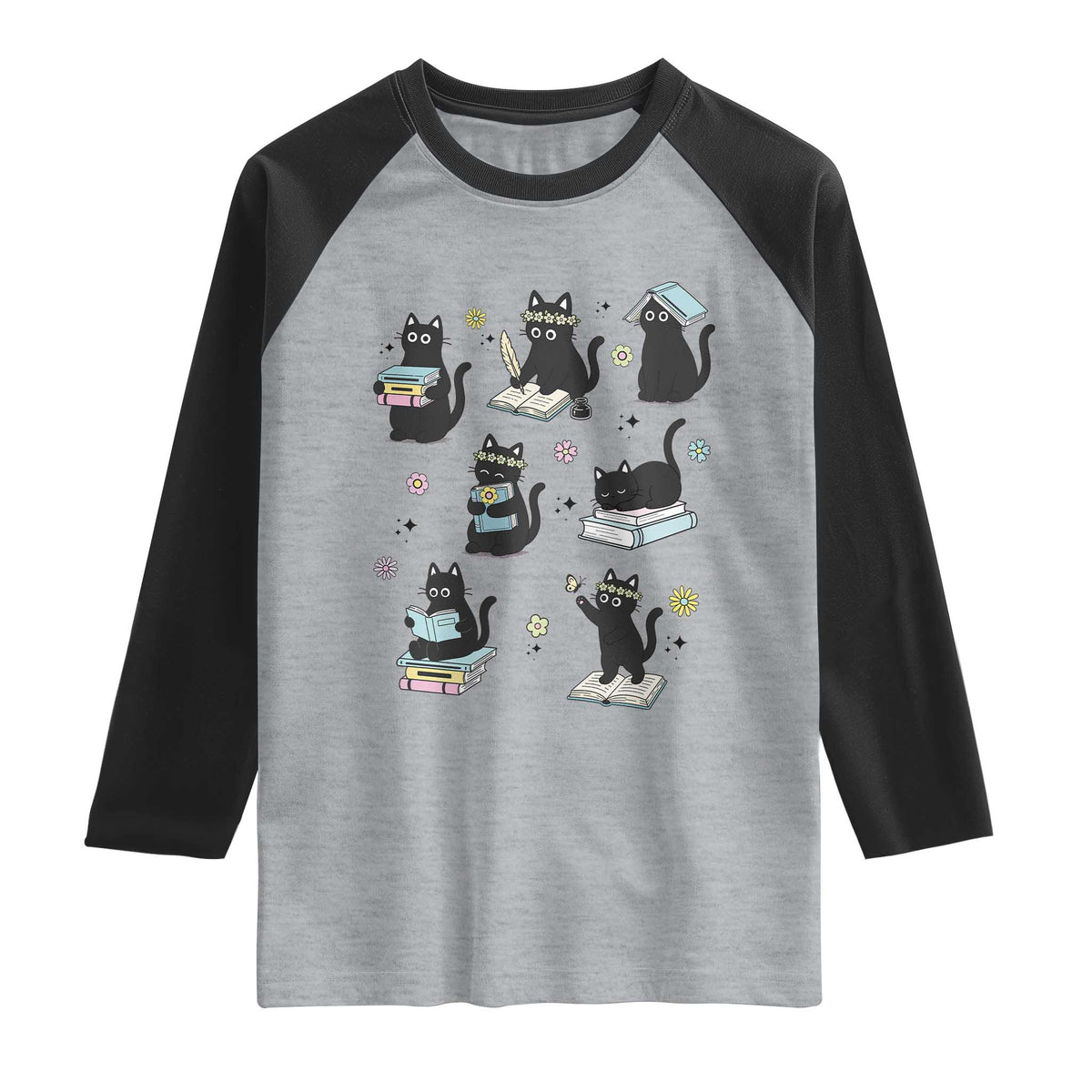 Bookish Black Cat Raglan Shirt Funny Librarian Cat Lover Gift TS12 Heather Gray Black Print Your Wear