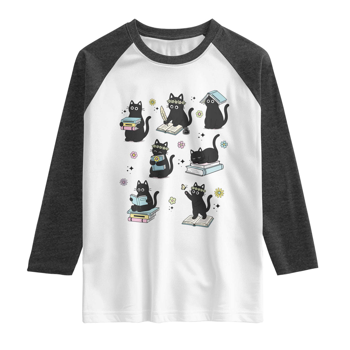 Bookish Black Cat Raglan Shirt Funny Librarian Cat Lover Gift TS12 White Heather Charcoal Print Your Wear