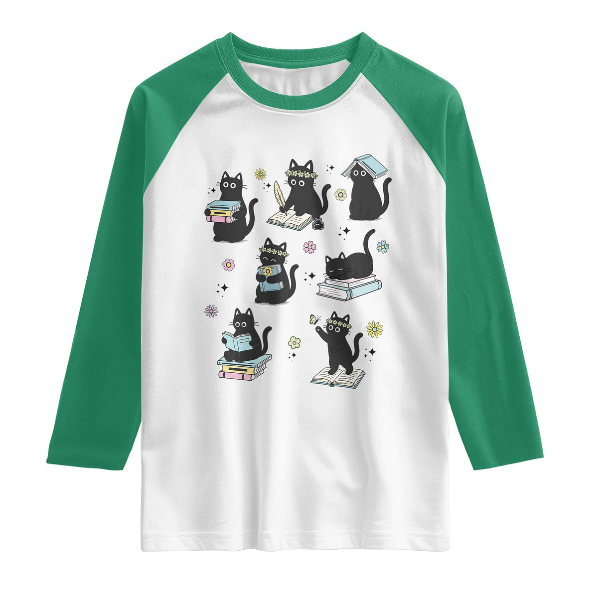 Bookish Black Cat Raglan Shirt Funny Librarian Cat Lover Gift TS12 White Kelly Green Print Your Wear