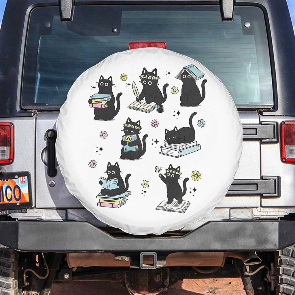 Bookish Black Cat Spare Tire Cover Funny Librarian Cat Lover Gift TS12 No hole White Print Your Wear